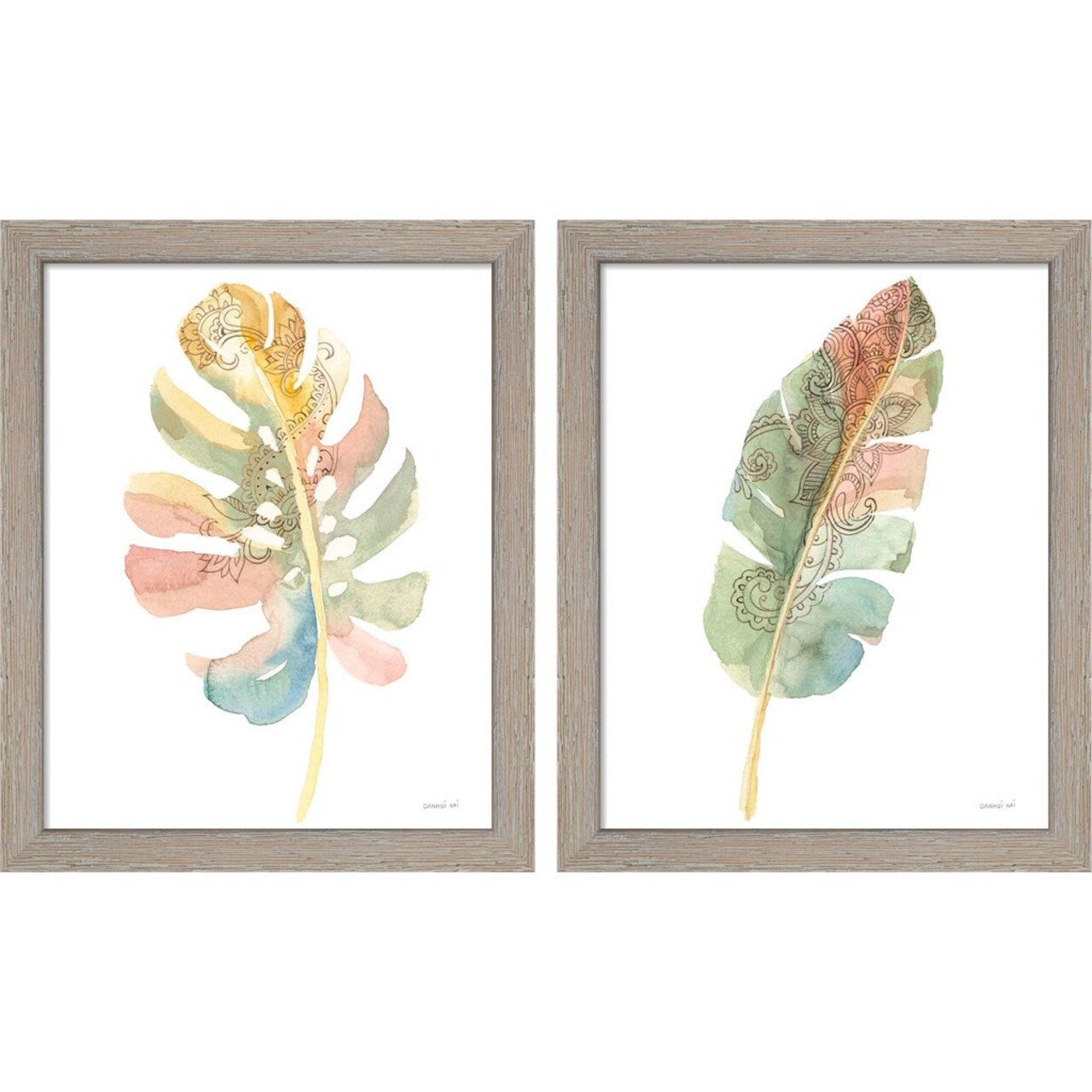 Boho Tropical Leaf on White B by Danhui Nai, 2 Piece Rustic White Framed Art Set